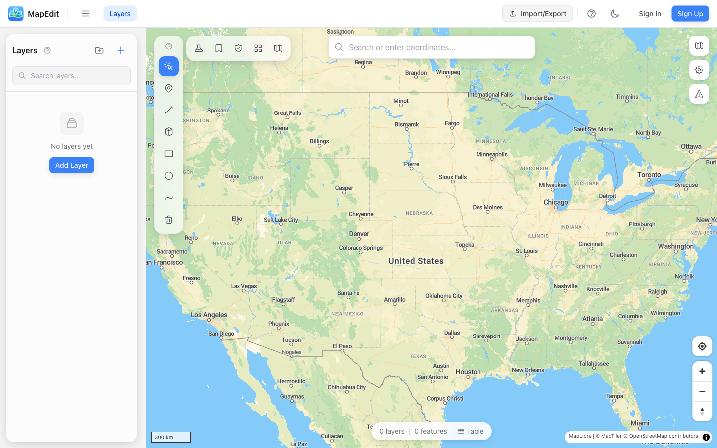 MapEdit editor showing the top toolbar, left layer panel, drawing and analysis tool rows above the map, search bar, and map controls