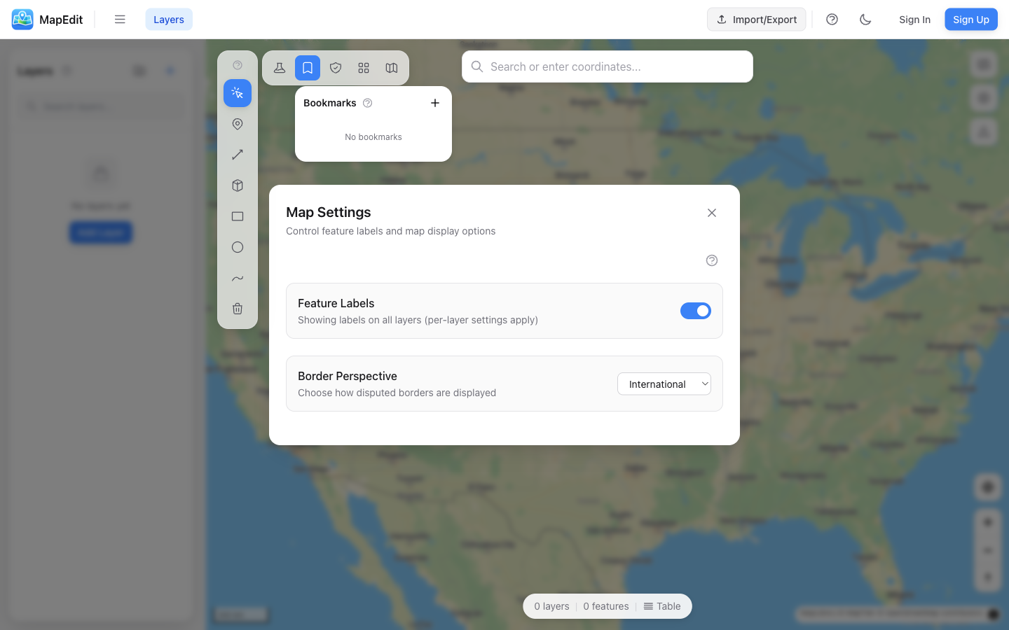 Map Settings panel showing Feature Labels toggle and Border Perspective dropdown set to International