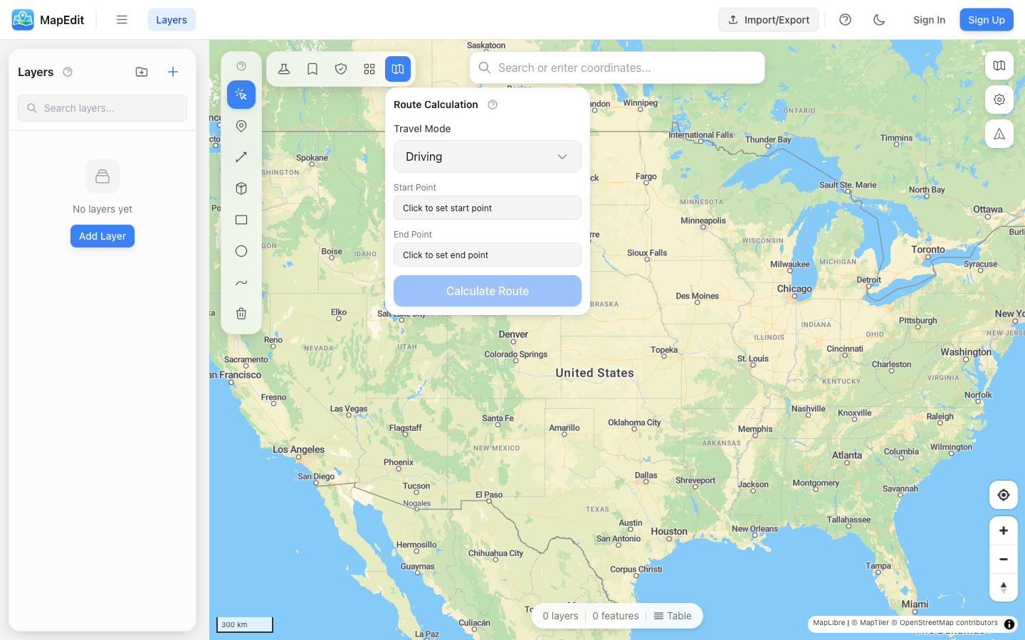 Route Calculation panel with Travel Mode dropdown set to Driving, Start Point and End Point fields, and a Calculate Route button